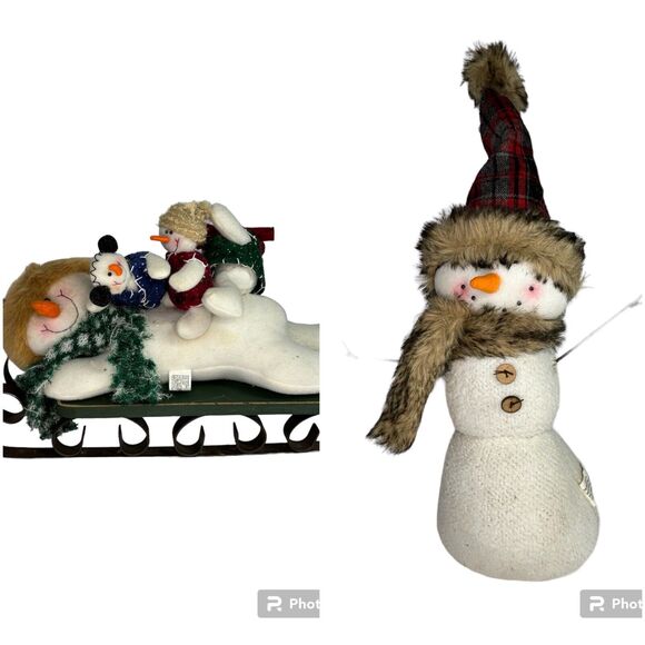 Snowman Christmas Decor (Lot of 2) Soft Plush Weighted Bottom & Sled w Snow kids - Picture 1 of 12